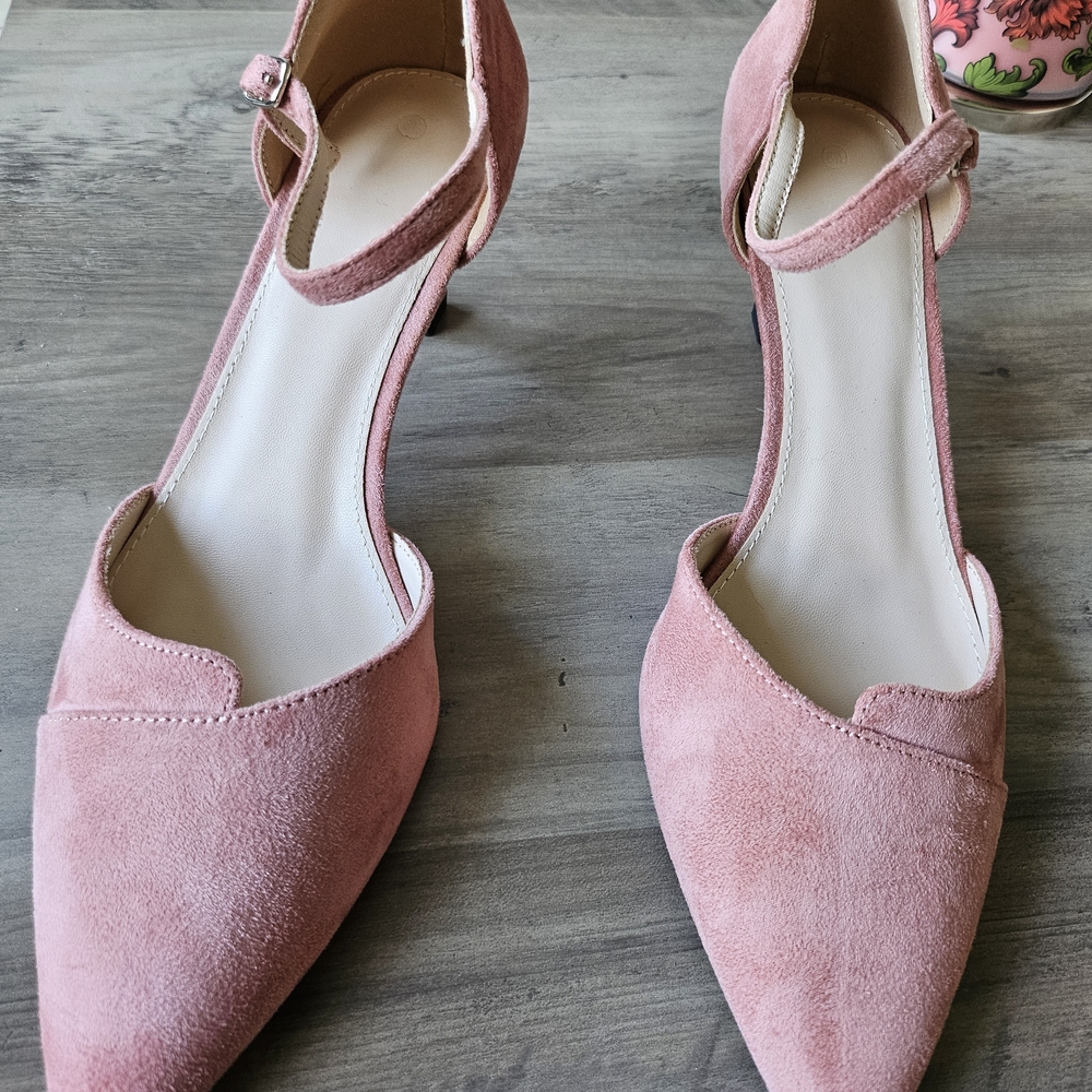 Women's Blush Pink Suede Pointed-Toe Ankle-Strap Heels